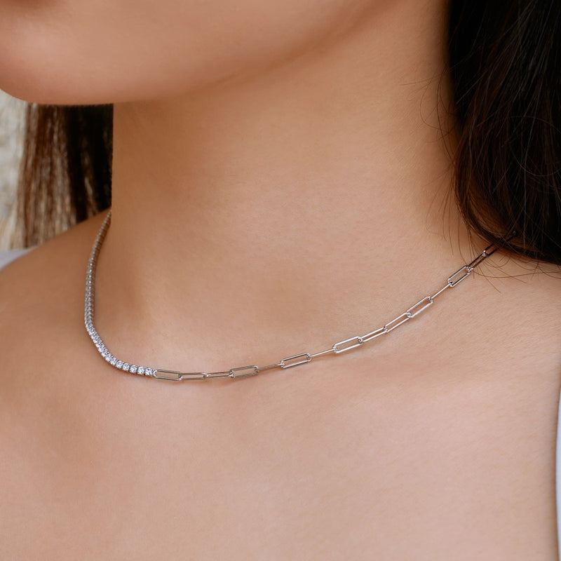 Silver S925 Tennis Necklace with Zircon, Double-Piece Gold-Plated Design