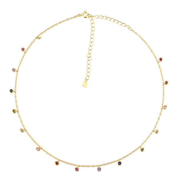 Color Zircon Round Beads Short Pendant Necklace Ornament gold plated