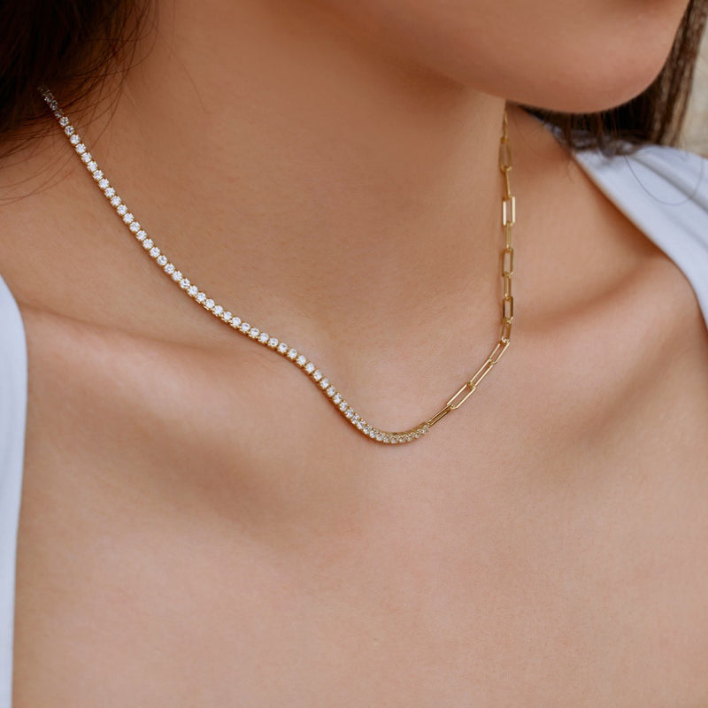 Silver S925 Tennis Necklace with Zircon, Double-Piece Gold-Plated Design