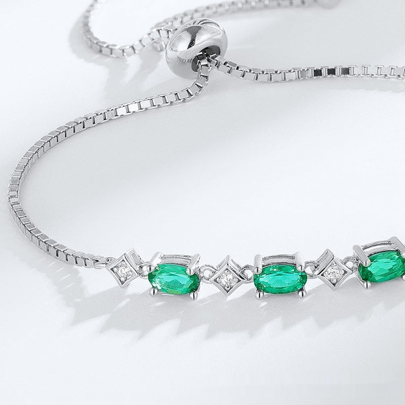 Egg-shaped S925 Silver Cultivated Emerald Bracelet white gold plated