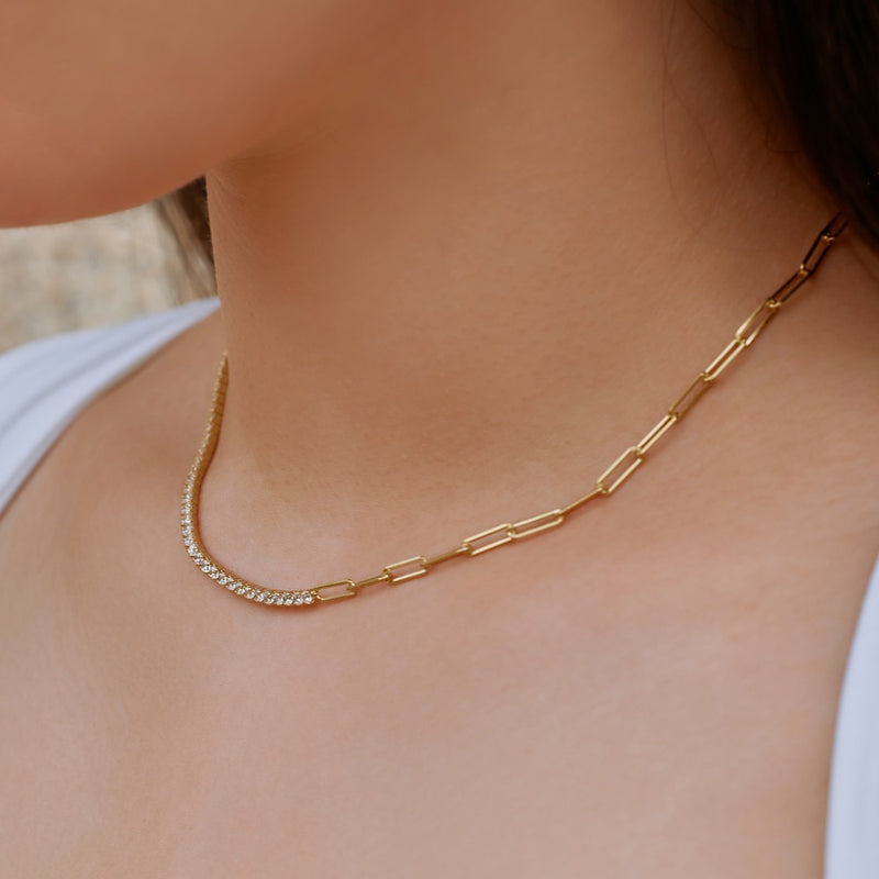 Silver S925 Tennis Necklace with Zircon, Double-Piece Gold-Plated Design