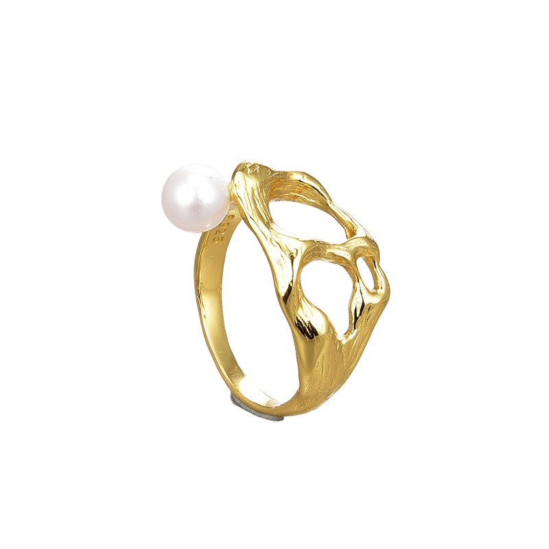 Irregular Cutout S925 Silver 18k Gold Plated Pearl Ring